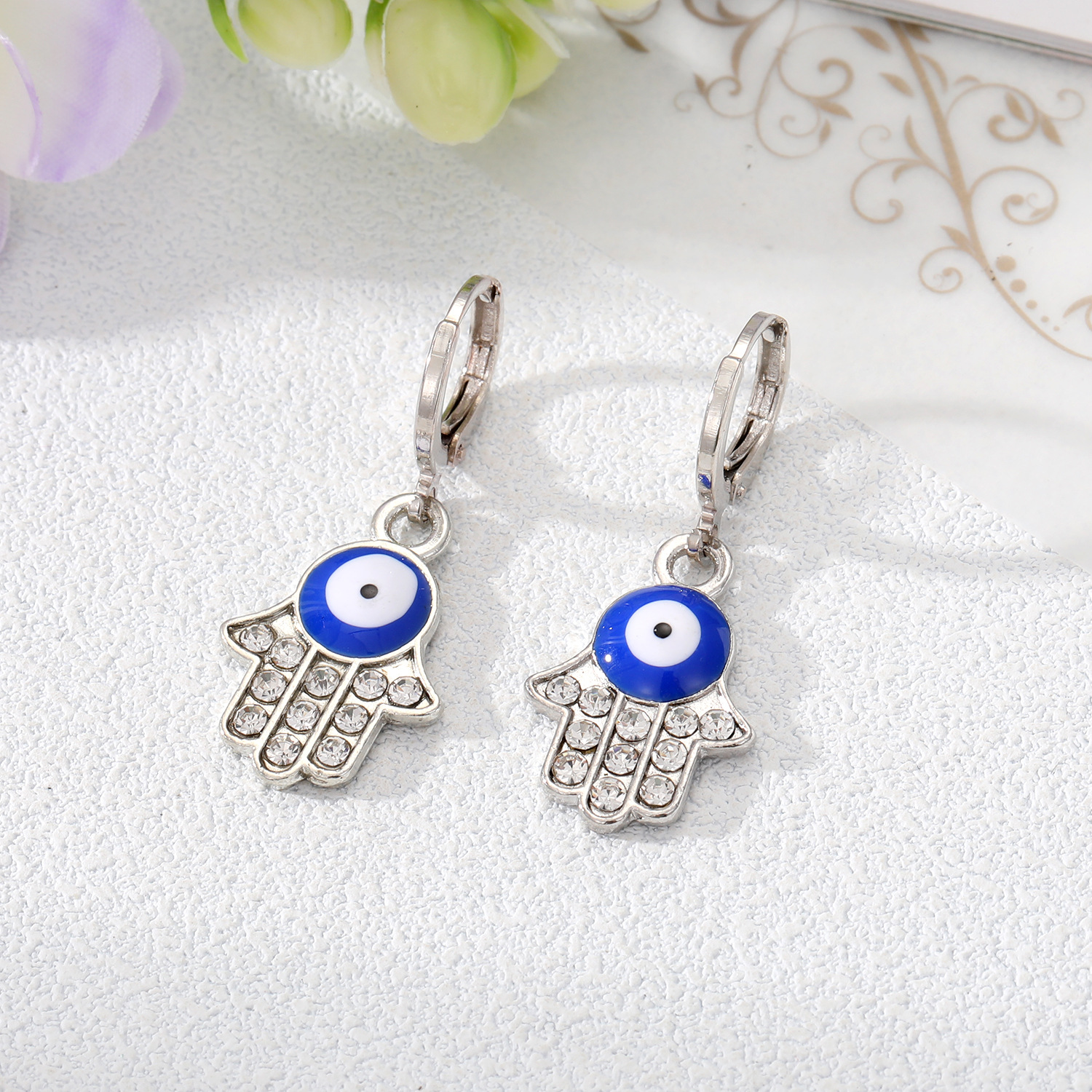 Zircon Hamsa Hand Evil Eye Hoop Earrings For Women Vintage Metal Fatima Turkey Lucky Blue Eye Circle Earring Party Jewelry