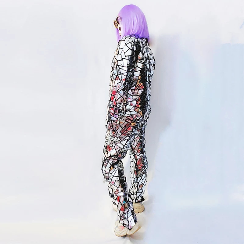 Female Dancer Stage Wear Team Hip Hop Jazz Rock Silver Laser Mirror Sequins Jacket Vest Pants Three Piece Set Nightclub Bar DJ Singer Show Performance