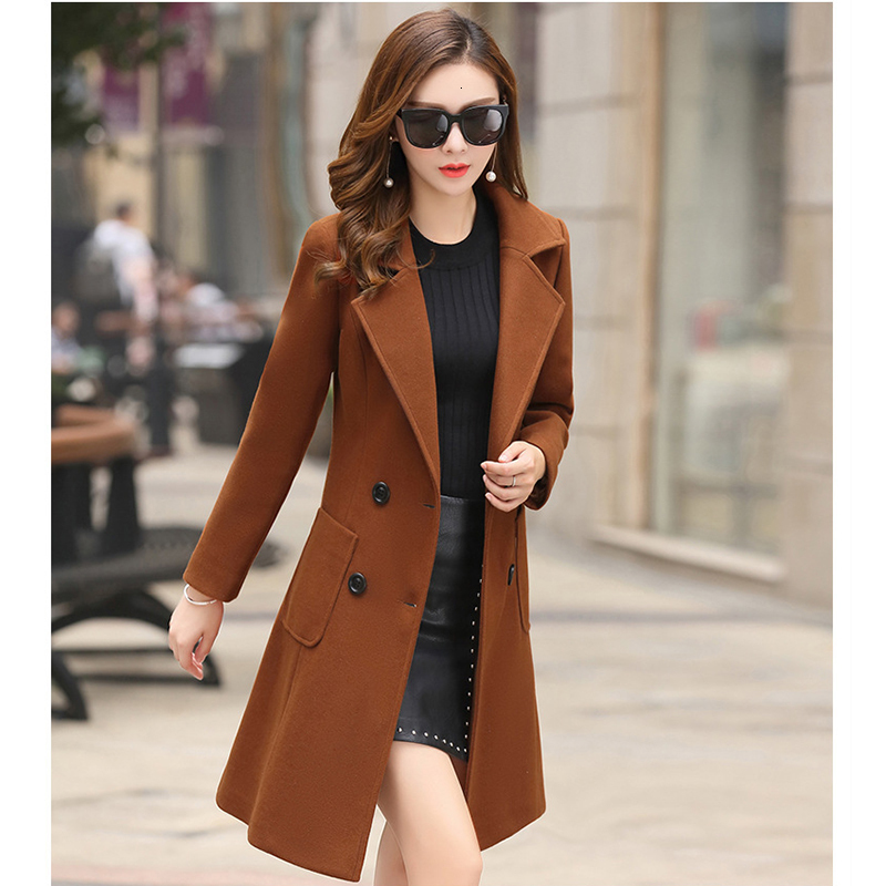 Women's Wool Blends Woolen Coat Turn-Down Collar Double Breasted Coats Autumn Korean Slim Khaki Black Jacket Female LD1423 221121