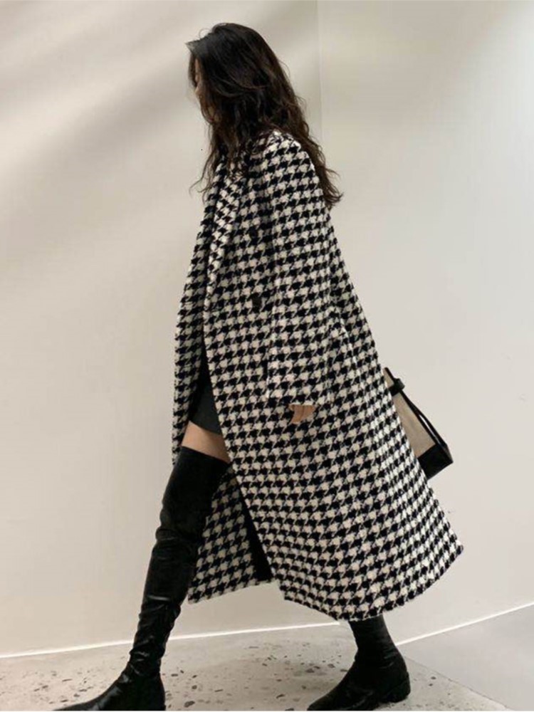 Women's Wool Blends Jacket Women Winter Korean Fashion Double Breasted Houndstooth Long Overcoat Thick Warm en Coat ropa mujer 221121