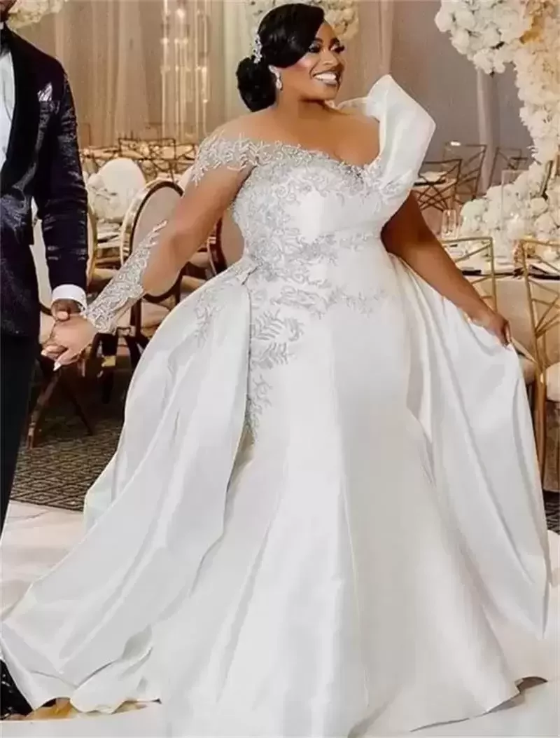 Size Plus A E Dresses Bridal Gown With Overskirt One Shoulder Lace Applique Long Sleeves Custom Made Wedding Party Gowns Vestido De Novia