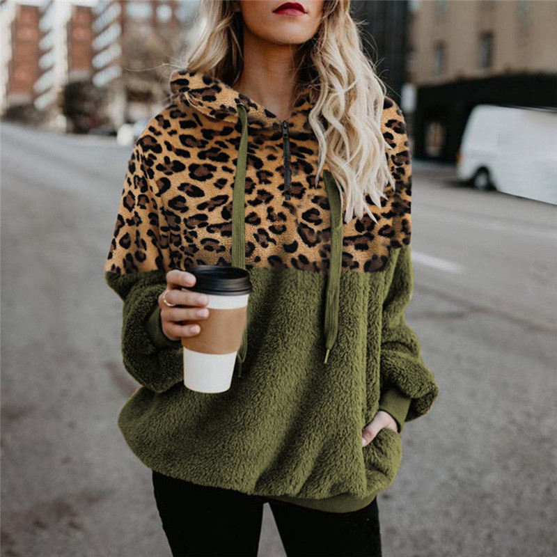 Women's Hoodies Sweatshirts Casual Loose Plush Leopard Patchwork Women Zipper Tops Long Sleeve Drawstring Hooded Warm Sweatshirt With Pockets Aut