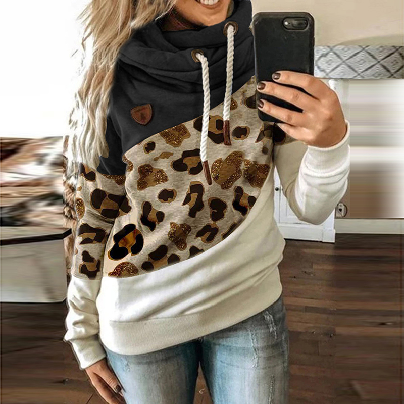Women's Hoodies Sweatshirts Leopard Patchwork Sweatshirt Autumn Winter Turtleneck Long Sleeve Outwear Drawstring Hooded Pullovers Streetwear 2211