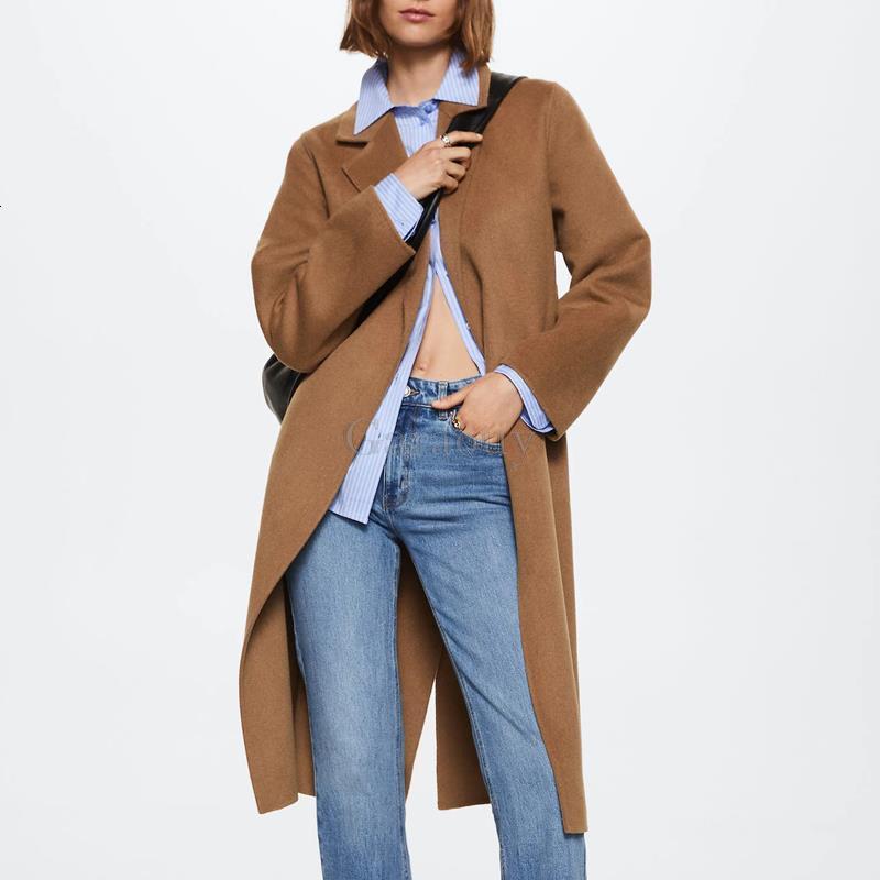Women's Wool Blends Garaouy Autumn Vintage Casual Simple Classic Long Woolen Coat 3 Colors Cardigan With Belt Overcoat Female Mujer 221121