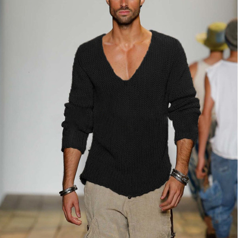 Men's Sweaters Casual Solid V-neck Loose Cotton Pullovers High Elasticity Fashion Slim Fit Male Pullover Plus Size 221121