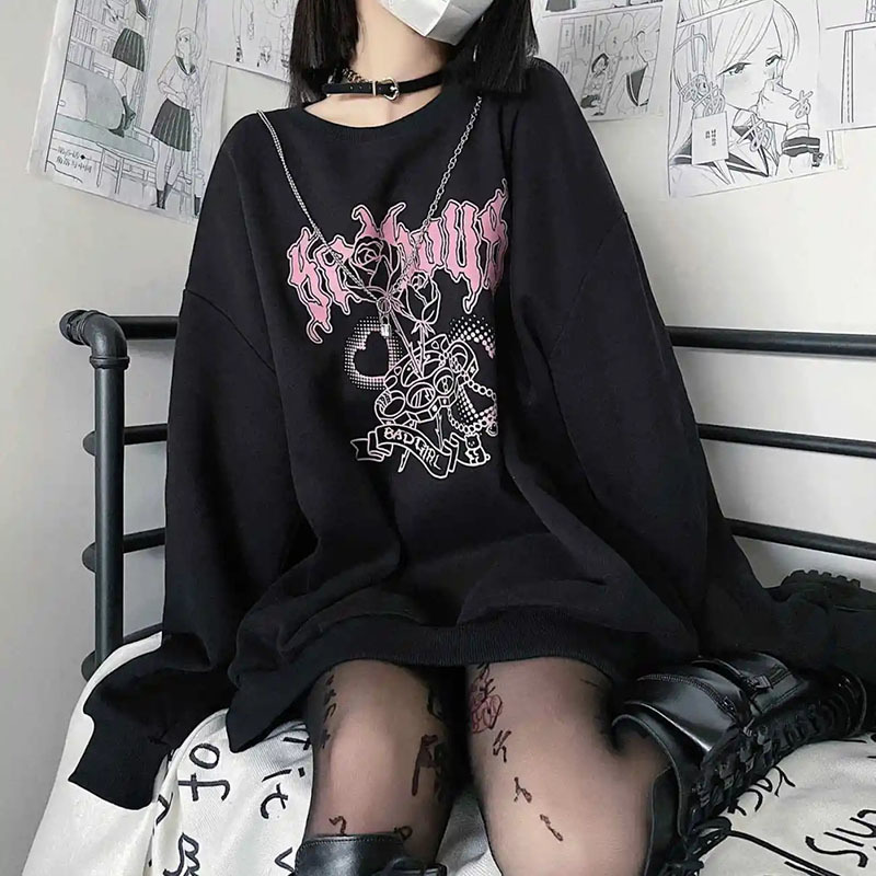 Women's Hoodies Sweatshirts Japanese Sweet Cool Black And White Sweater Women Plus Velvet Thickening Autumn Winter Student Loose Harajuku Style T