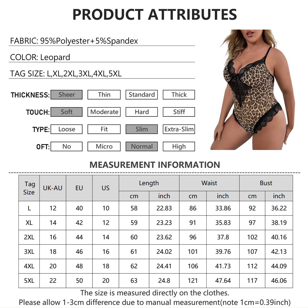 Women's Plus Size Tracksuits Plus Size Sexy Lingerie Leopard Lace Bodysuit OnePiece SeeThrough Women's Underwear Temptation Teddies Porn Ero