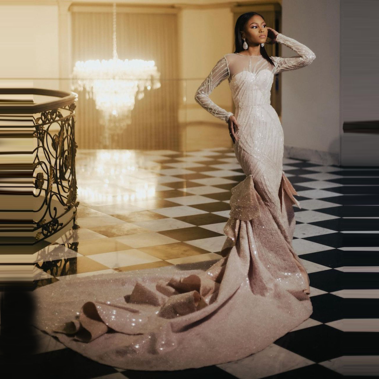 Aso Ebi Plus Size Mermaid Prom Dresses Ruffles Sequins Party Dresses Sheer Neck Long Sleeves Custom Made Evening Dress