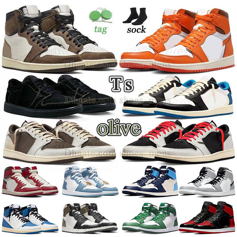 Jumpman 1 high starfish basketball shoes mens womens ts 1s low sail black phantom og olive reverse dark mocha J1 cactus jack denim fragment, D49 36-46 black white grey