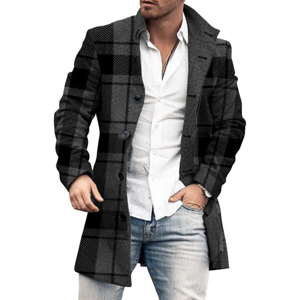 Men's Jackets Men Overcoat Plaid Singlebreasted Turndown Collar Long Sleeves Slim Midlength Jacket Coat Warm Pockets Trench Coat 221121