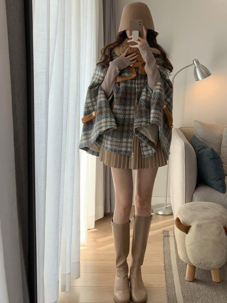 Women's Wool Blends Xgoth Original Elegant Cape Coat Women Winter Oversize Vintage Plaid Top Female High Street Thickened Warm Woolen 221121