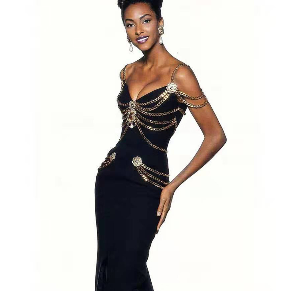 Casual Dresses High Quality Black White Chain Spaghetti Strap V Neck Split Bandage Bodycon Celebrity Club Party Long Vestidos 221121