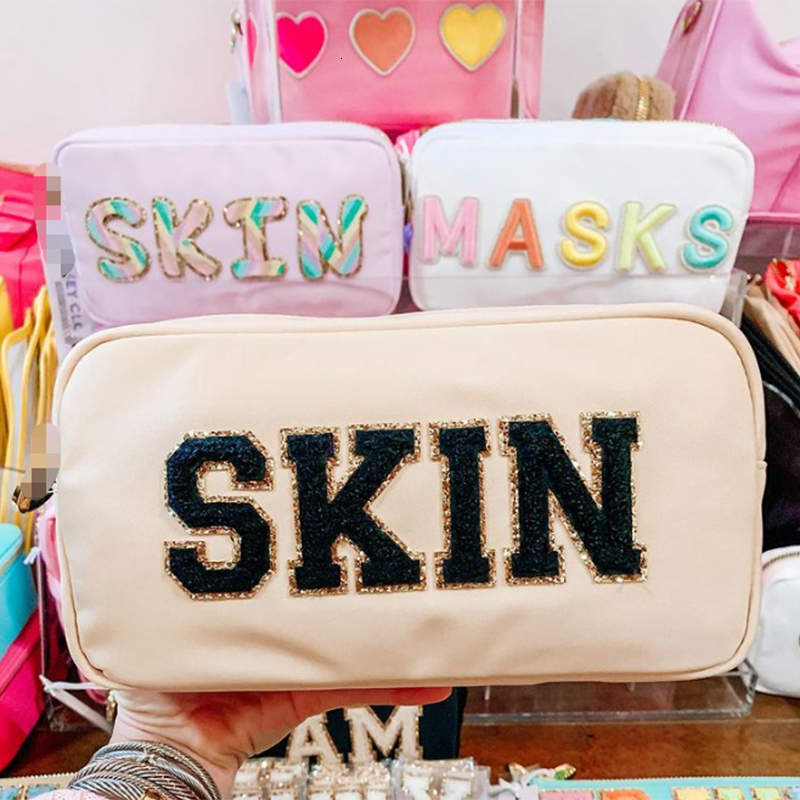 Cosmetic Bags Cases Stock Wholesale Multi Colors Waterproof Nylon Pouch Women Letters Patch DIY Makeup Teens large toiletry bag 221119