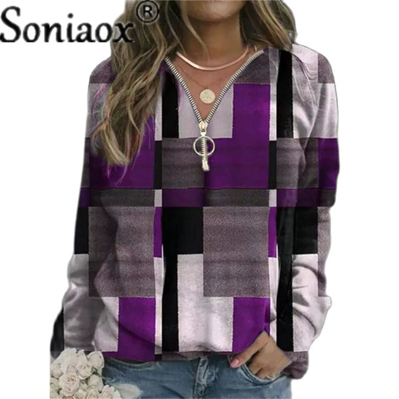 Women's Hoodies Sweatshirts Autumn Women Loose Casual V Neck Zipper Long Sleeve Plaid Top Pullover Streetwear Ladies Fashion 221121