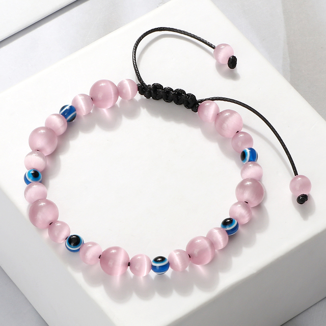 Blue Evil Eye Beaded Bracelets Natural Cat Eye Stone 6 8mm Opal Men Bangles Adjustable Women Bracelet Lucky Yoga Jewelry Gifts