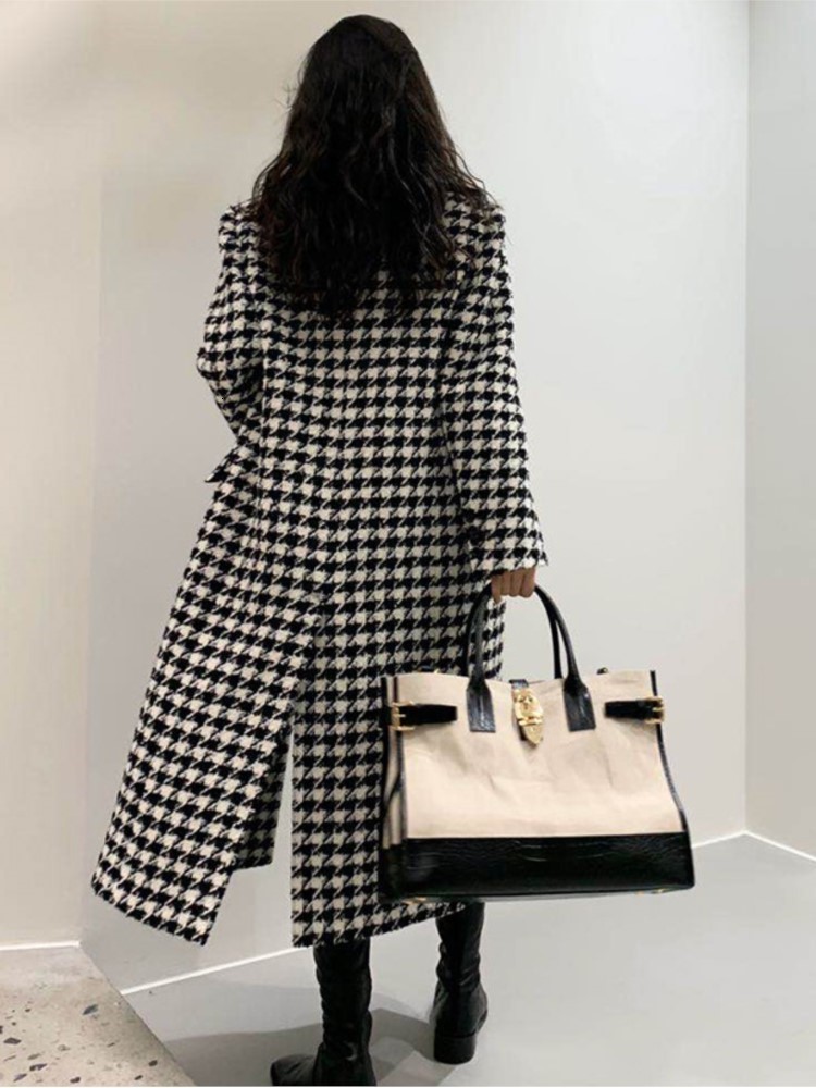 Women's Wool Blends Jacket Women Winter Korean Fashion Double Breasted Houndstooth Long Overcoat Thick Warm en Coat ropa mujer 221121