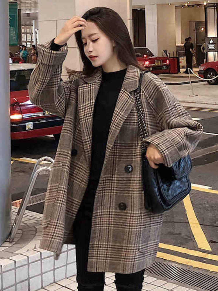 Women's Wool Blends Loose Plaid Woolen Coat for Women Fashion Lapel Slim Jackets Korean Autumn Woman clothing 221121