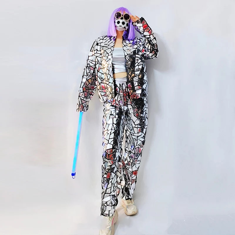 Female Dancer Stage Wear Team Hip Hop Jazz Rock Silver Laser Mirror Sequins Jacket Vest Pants Three Piece Set Nightclub Bar DJ Singer Show Performance