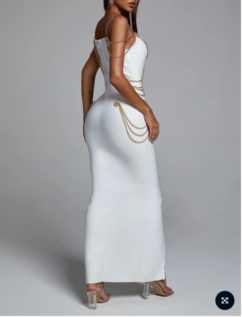 Casual Dresses High Quality Black White Chain Spaghetti Strap V Neck Split Bandage Bodycon Celebrity Club Party Long Vestidos 221121