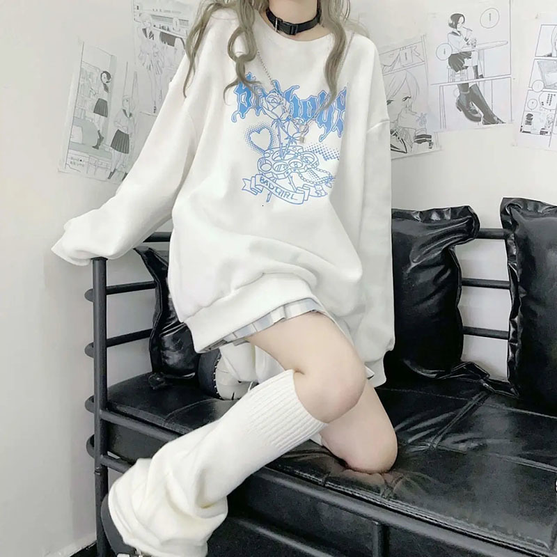 Women's Hoodies Sweatshirts Japanese Sweet Cool Black And White Sweater Women Plus Velvet Thickening Autumn Winter Student Loose Harajuku Style T