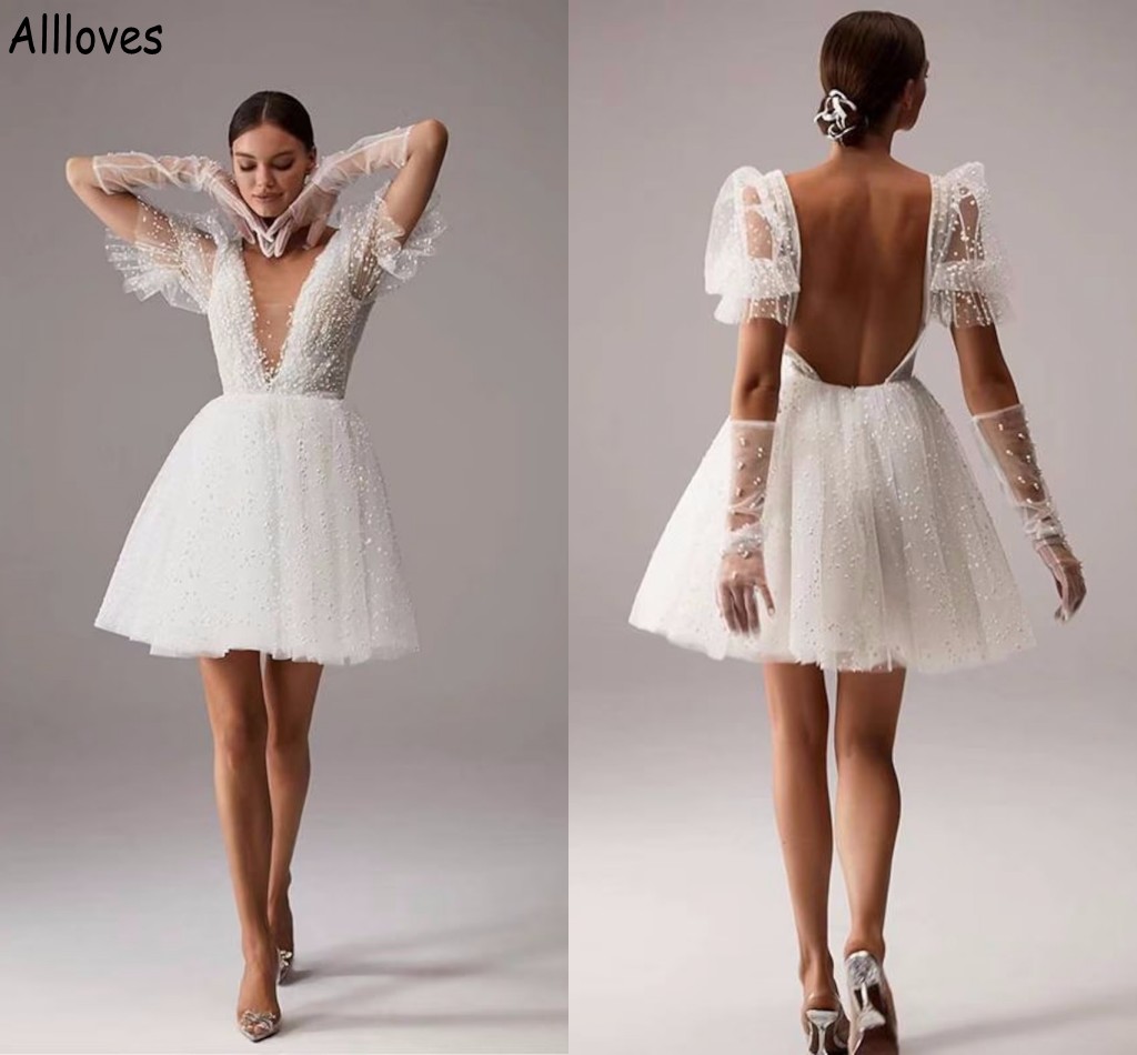 V Neck Mini Plunging A E Wedding Dresses Tulle Pearls Beaded Boho Beach Bridal Gowns With Puffy Short Sleeves Sexy Open Back White Reception Dress For
