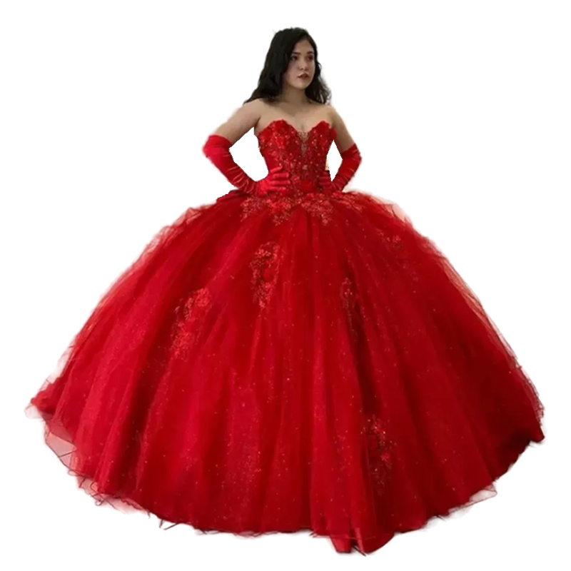 Red Prom Quinceanera Dresses Sweetheart Sleevess Floor Length Lace Up Plus Size Ball Gown Party Vestidos 15 Anos