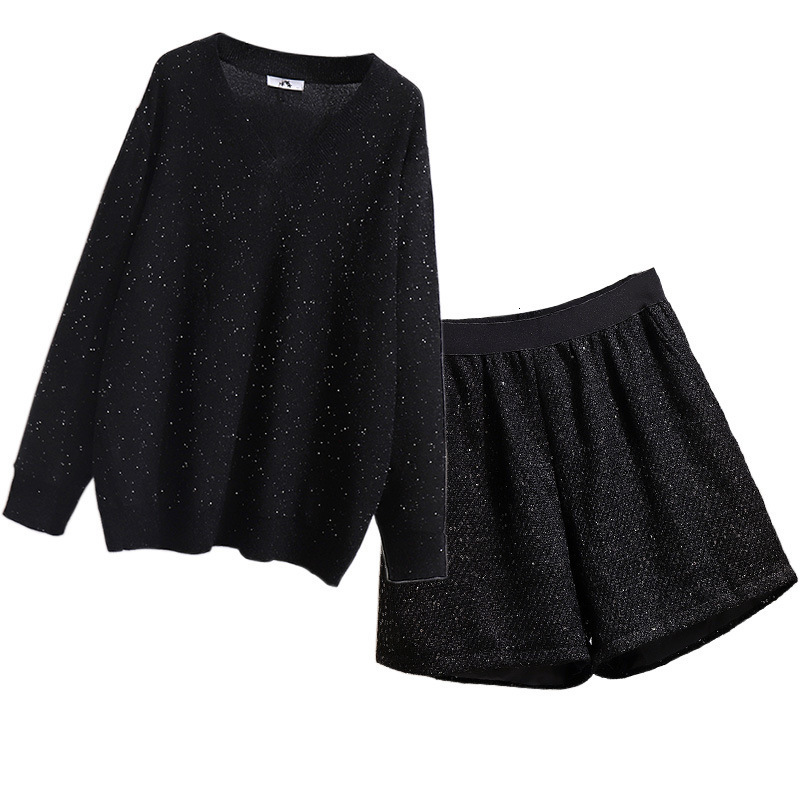 Women's Plus Size Tracksuits Autumn Winter Plus Size Women Clothing Large Loose Black Sequins Knit Tshirt And Shorts Two Pieces Suit 4XL 5XL 6XL 