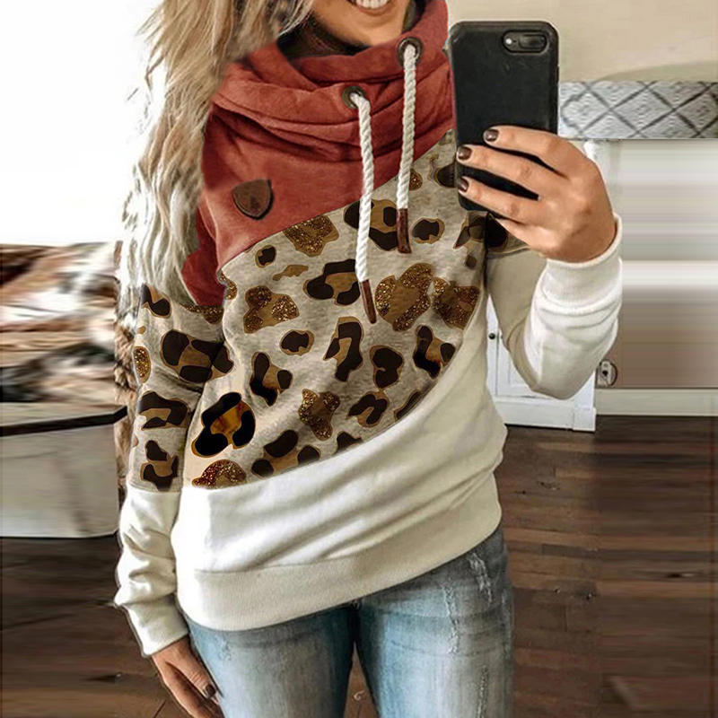 Women's Hoodies Sweatshirts Leopard Patchwork Sweatshirt Autumn Winter Turtleneck Long Sleeve Outwear Drawstring Hooded Pullovers Streetwear 2211