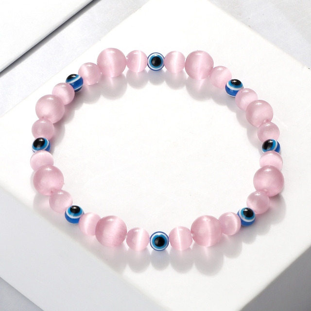 Blue Evil Eye Beaded Bracelets Natural Cat Eye Stone 6 8mm Opal Men Bangles Adjustable Women Bracelet Lucky Yoga Jewelry Gifts