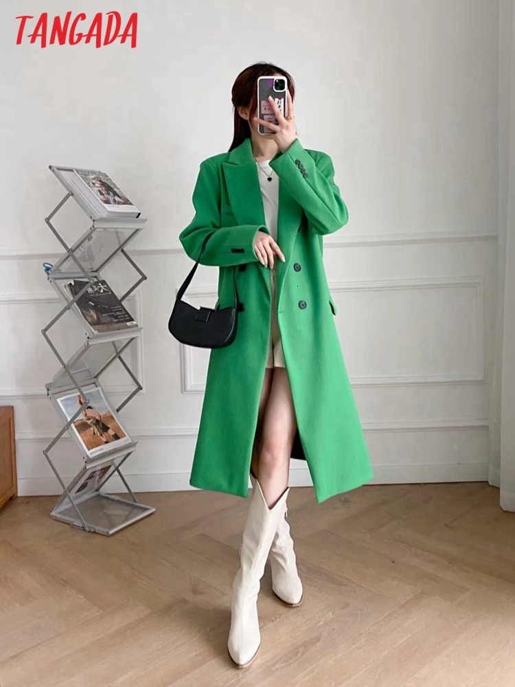 Women's Wool Blends Tangada Women Winter Green Thick Woolen Coats Double Breasted Long Sleeves Pocket Ladies Elegant OverCoat 4M60 221121