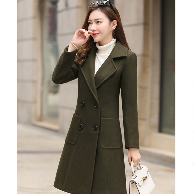 Women's Wool Blends Woolen Coat Turn-Down Collar Double Breasted Coats Autumn Korean Slim Khaki Black Jacket Female LD1423 221121