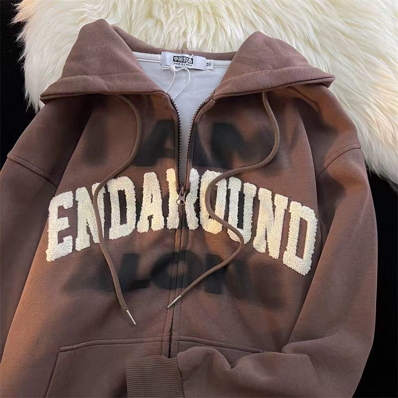 Women's Hoodies Sweatshirts American retro hiphop flocking cardigan hooded sweater men and women early autumn loose ins lazy wind thin coat hoodi