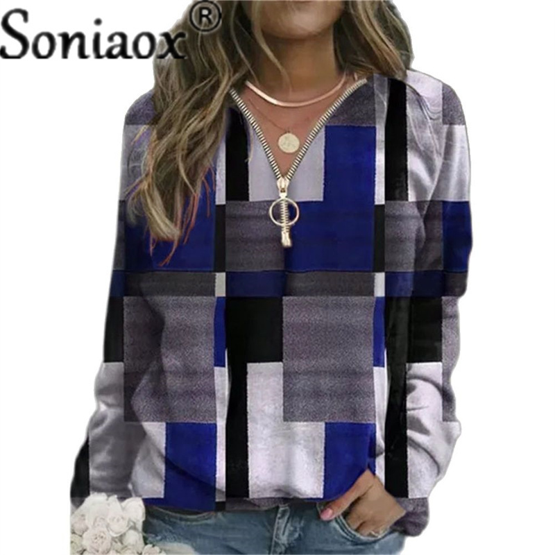 Women's Hoodies Sweatshirts Autumn Women Loose Casual V Neck Zipper Long Sleeve Plaid Top Pullover Streetwear Ladies Fashion 221121