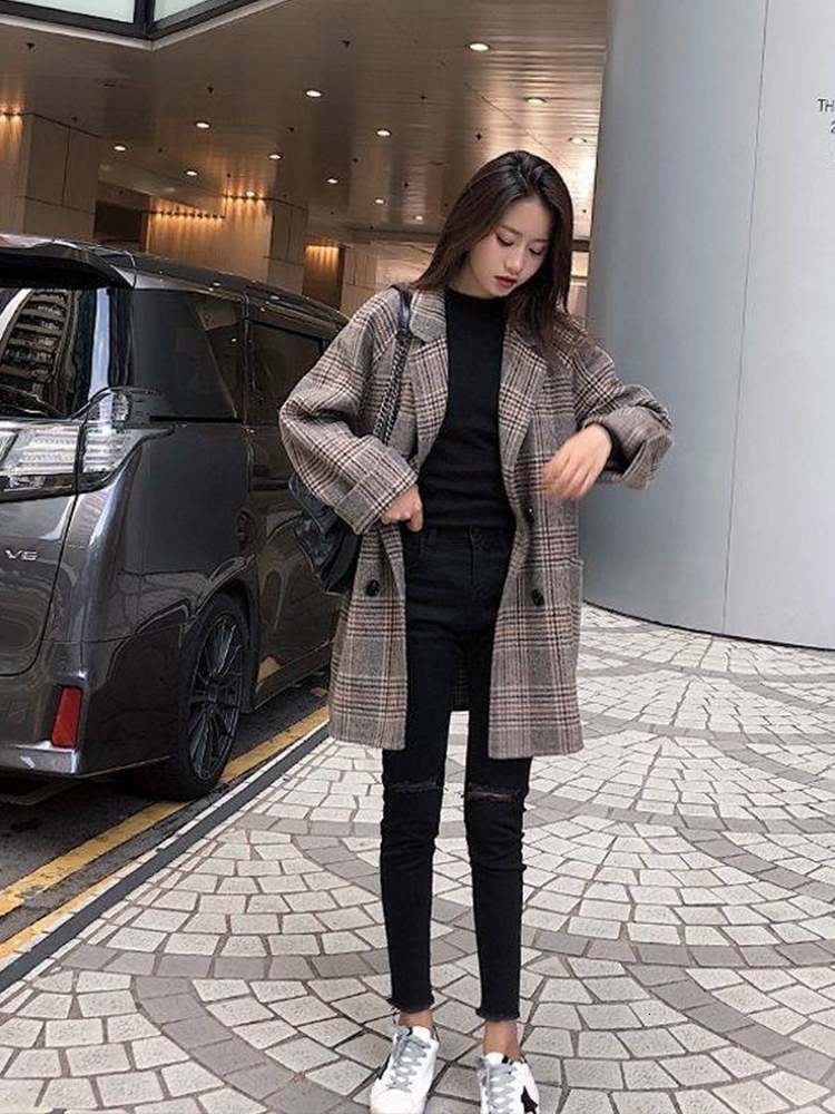 Women's Wool Blends Loose Plaid Woolen Coat for Women Fashion Lapel Slim Jackets Korean Autumn Woman clothing 221121