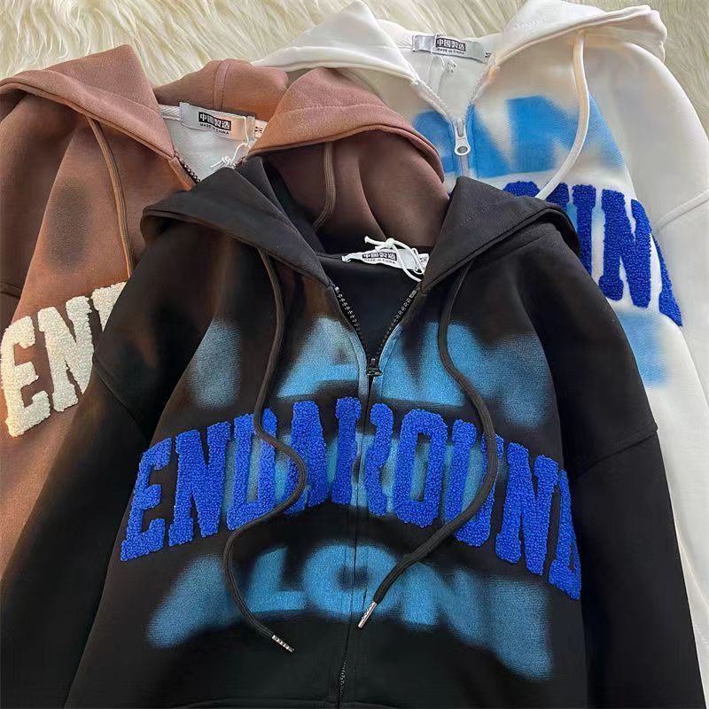 Women's Hoodies Sweatshirts American retro hiphop flocking cardigan hooded sweater men and women early autumn loose ins lazy wind thin coat hoodi
