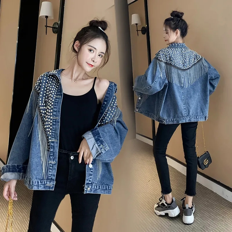 Women's Jackets Autumn Women Denim Hand-studded Rivet Tassel Overcoat Female Jeans Loose Black Coats Outwear 221122