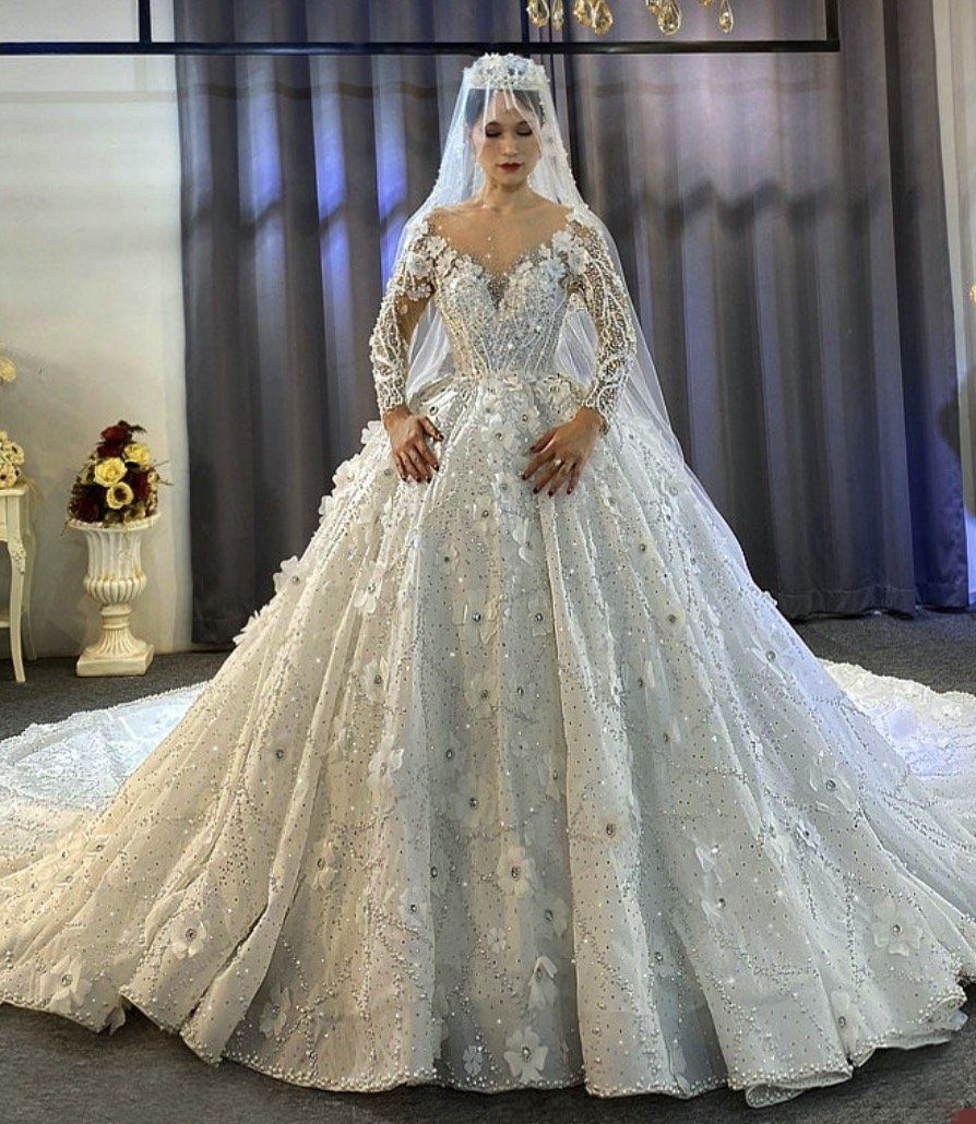 3D Wers Wedding Dress Saudi Arabia 2024 | Sexy Sheer V Neck Long Sleeve Bridal Gowns