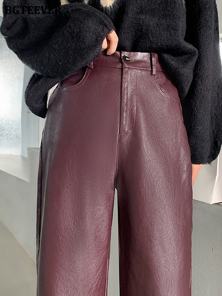 Women's Pants Capris BGTEEVER Spring Autumn PU Leather Women Elegant High Waist Pockets Faux Harem Female 221122