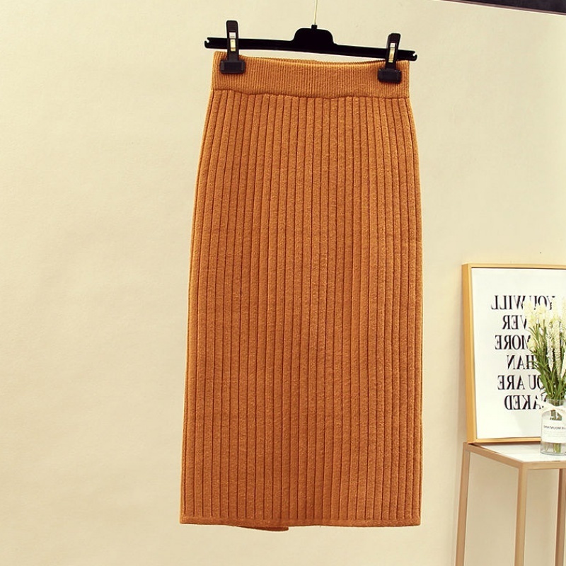 Skirts Vintage Women thick sweater skirt Elastic High Waist Pleated Midi knitted Skirt Pencil female solid elegant Spring summer 221122