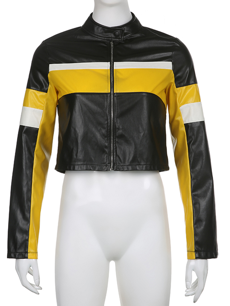 Womens Jackets Rapwriter Street Moto Biker Racing PU y2k Contrastcolor Patchwork Leather Cropped Coats Autumn Harajuku Zip Up Outfits 221122