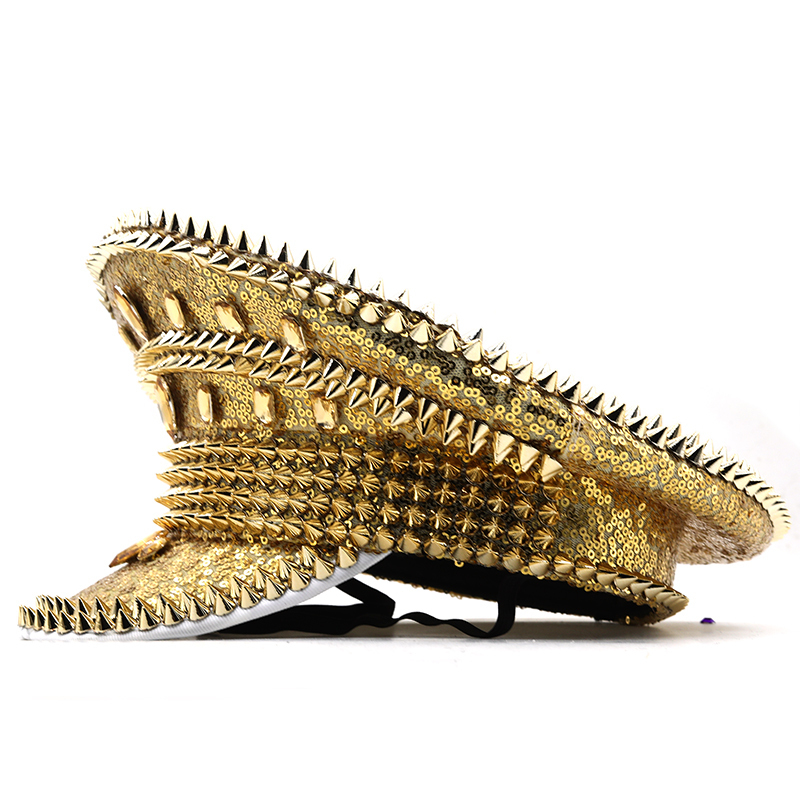 Ball Cap Men Steampunk Military Hat With Gold Rivet Queen Sequin Burning Captain Sergeant Rave Festival Bachelorette Part 221122