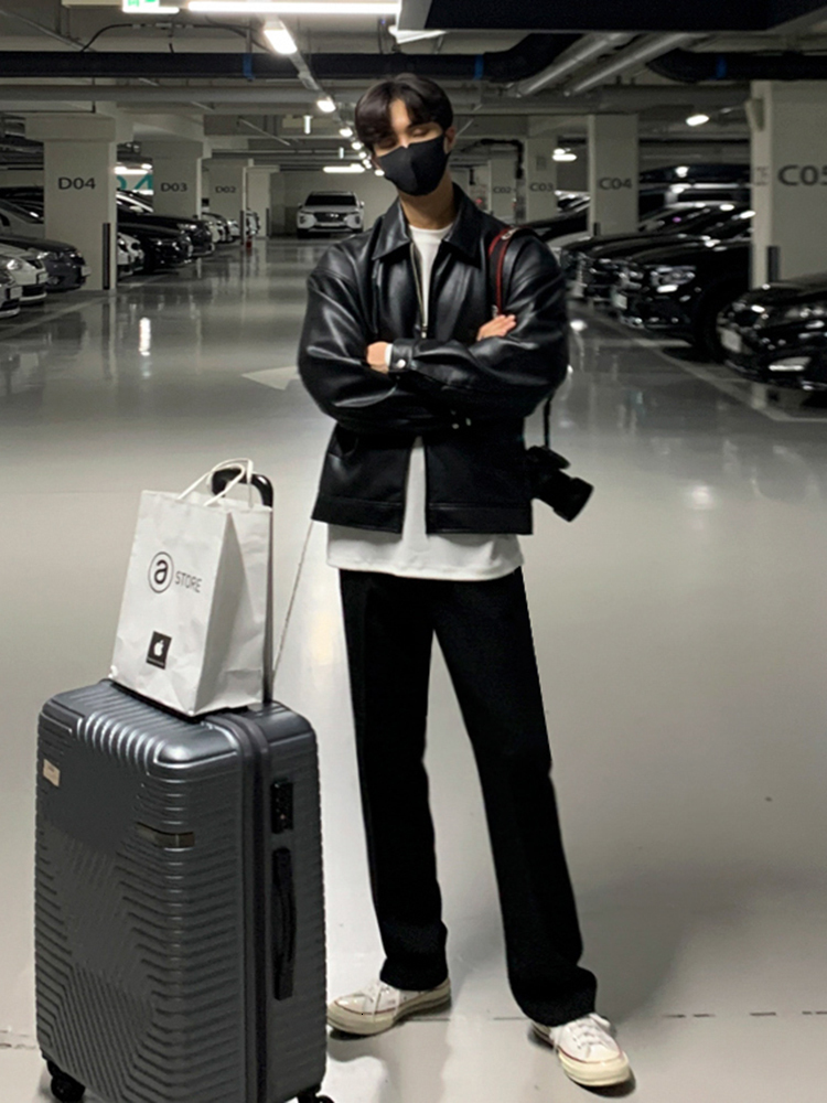 Men's Leather Faux IEFB Korean Chic Double Zipper PU Jacket Black Simple Trendy Lapel Autumn Coats Casual 9A1175 221122