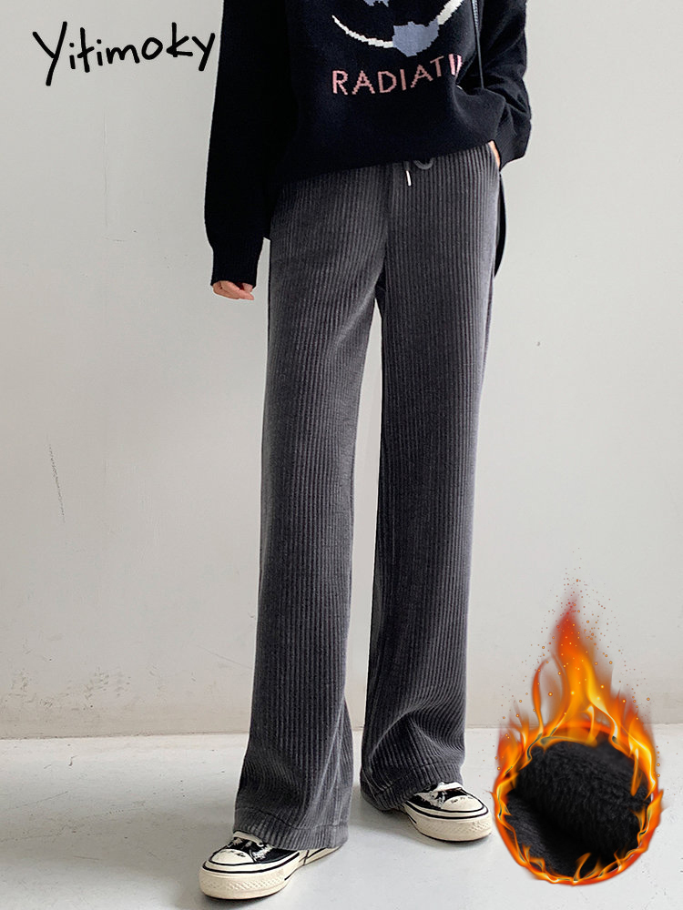 Women's Pants Capris Yitimoky Fleece for Women Thicken Warm Wide Leg Korean Fashion Fall Winter Casual Drawstring Straight Trousers 221122