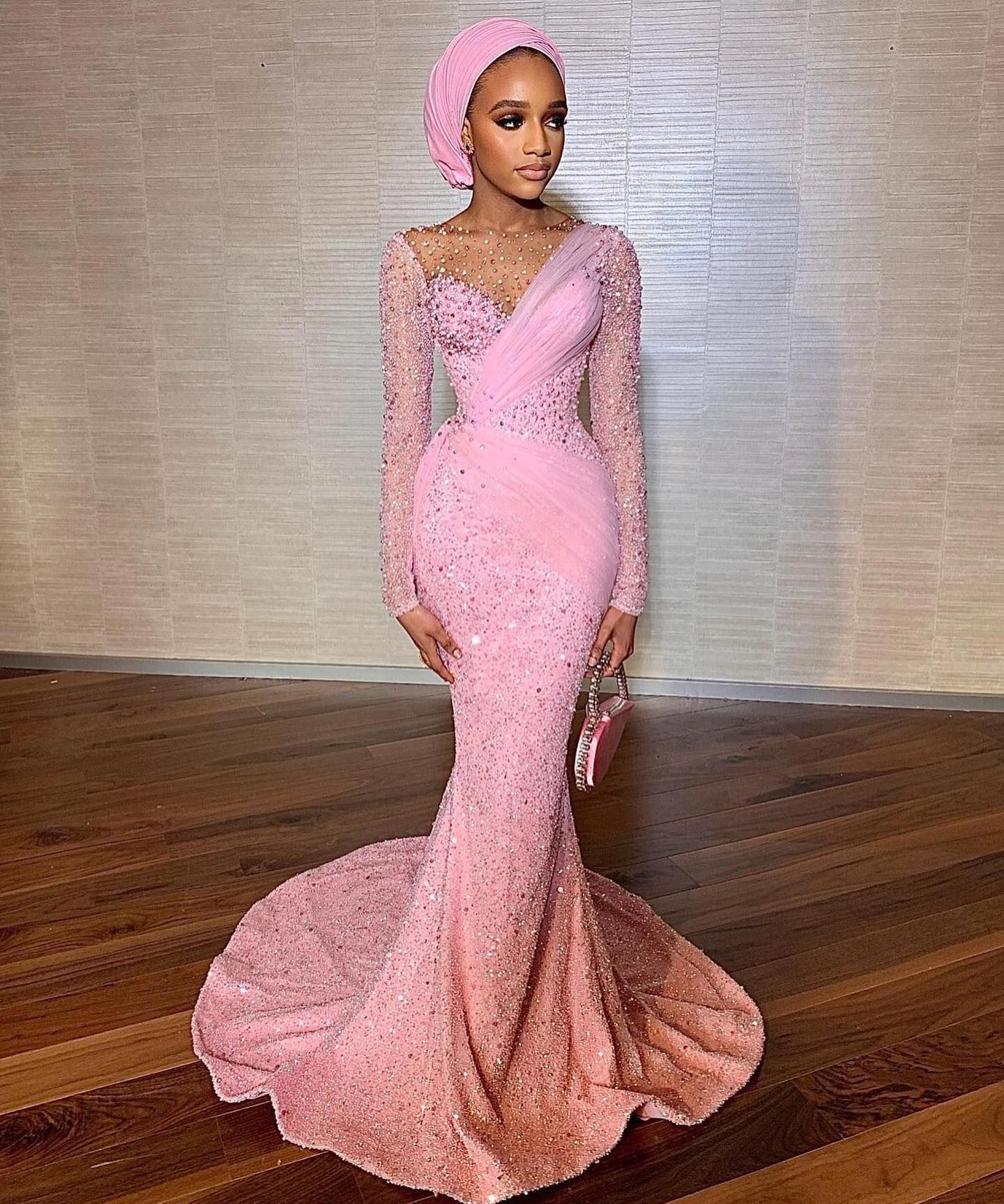Sparkly Pink Sequins Mermaid Prom Party Dresses Long Sleeves Plus Size Formal Evening Ocn Gowns For Arabic Women Vestidos De Novia 322