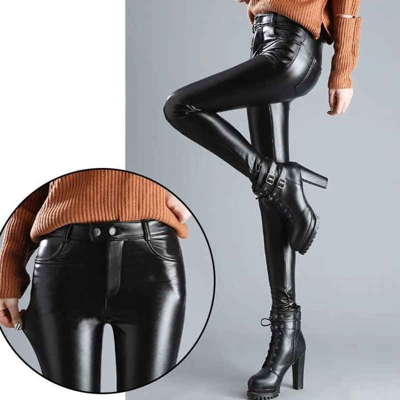 Women's Pants Capris Lucyever Autumn Winter Faux Leather Women High Waist Skinny Plush Warm Leggings Black Sexy Slim Fit Pencil Trousers 221122