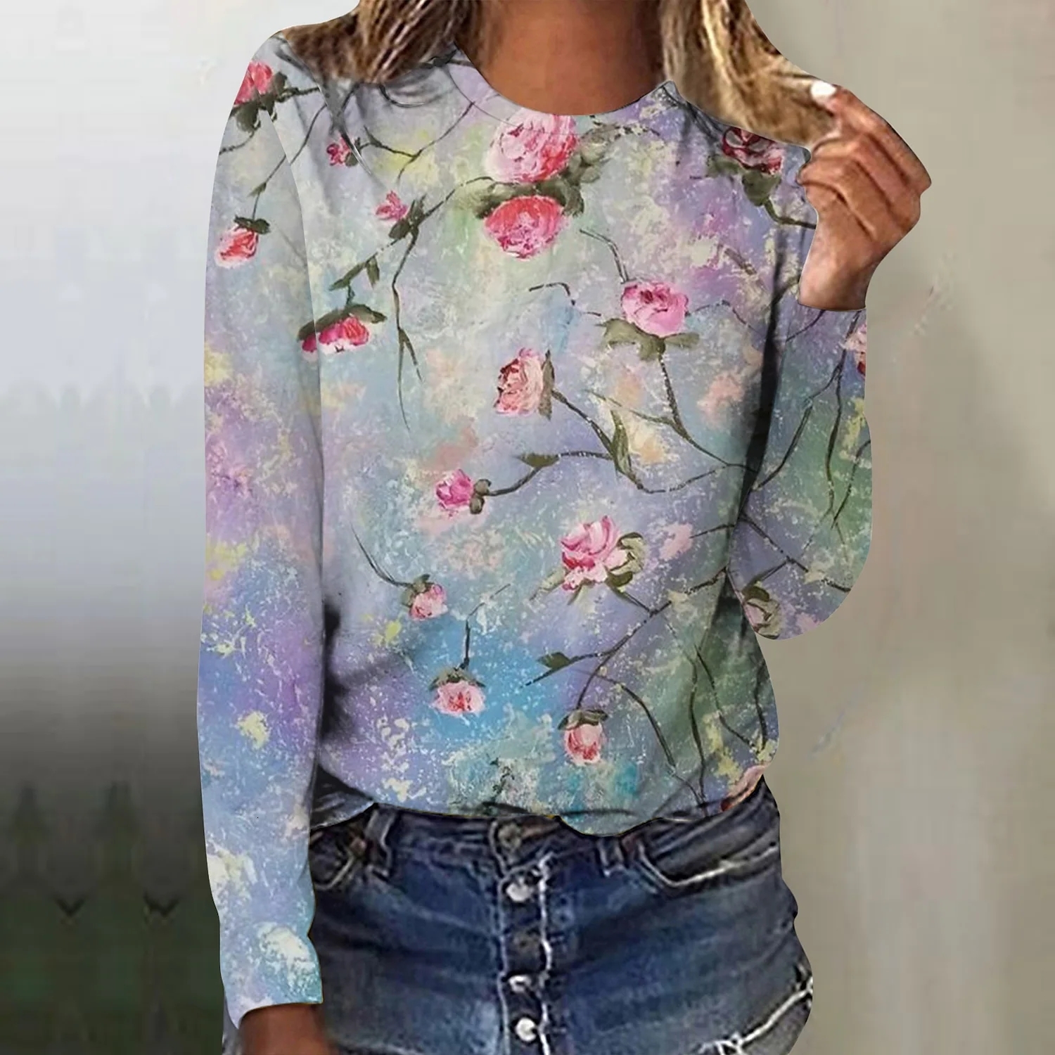 Womens TShirt Ladies Vintage Long Sleeve Autumn Winter Floral Print Tee Shirt Round Neck Top Everyday Street Casual Pullover 221122