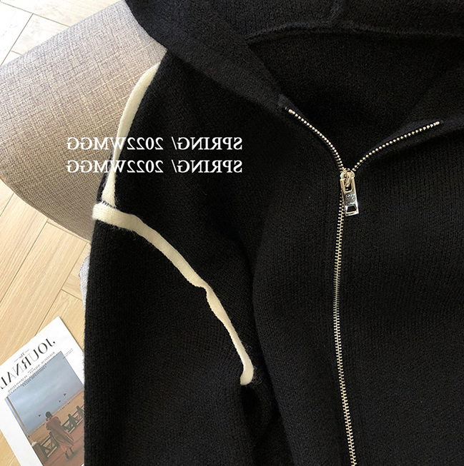 Womens hooded color block zipper front fly knitted sweater coat cardigan SMLXL