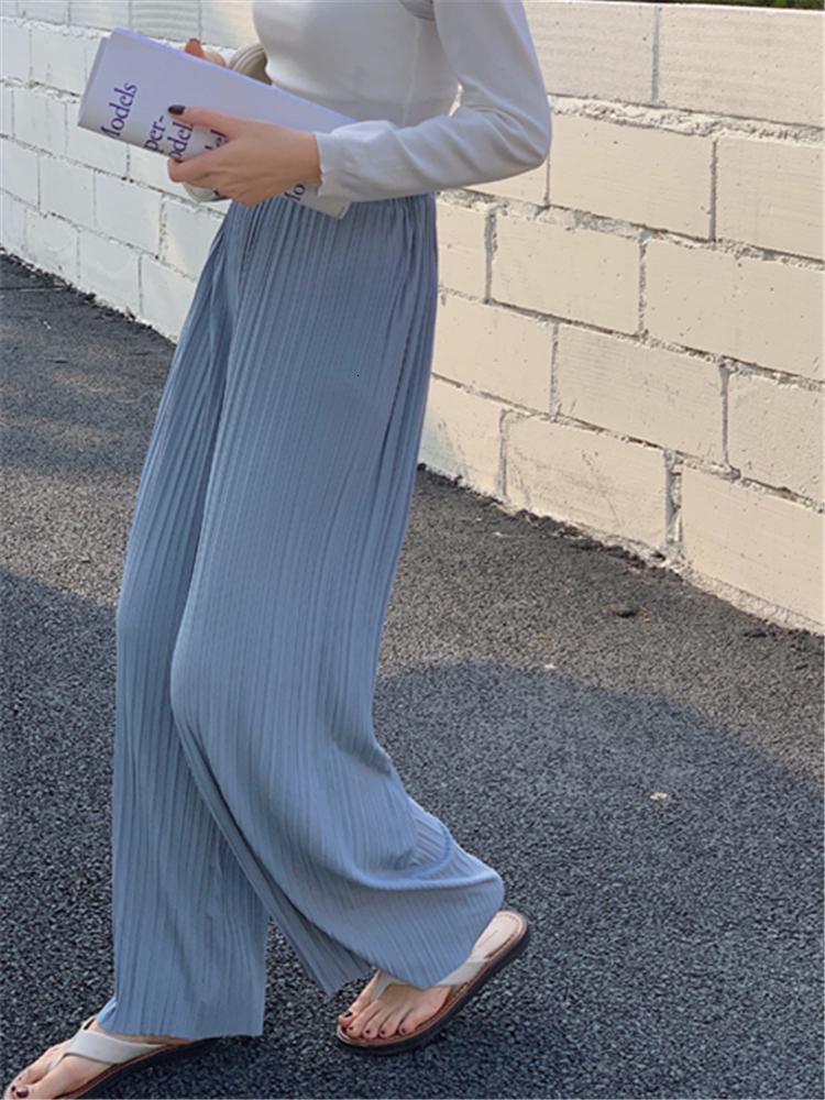 Women's Pants Capris Pleated Wide Leg Summer Elegant High Waist Knitted Female Straight Casual Loose Chic Trouses 221122