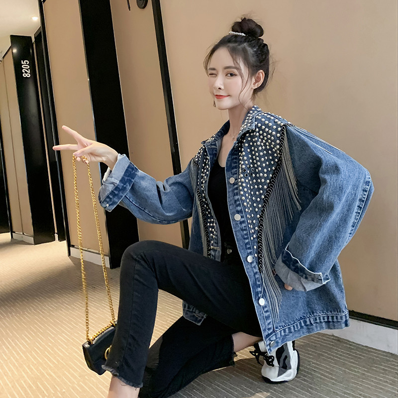 Women's Jackets Autumn Women Denim Hand-studded Rivet Tassel Overcoat Female Jeans Loose Black Coats Outwear 221122
