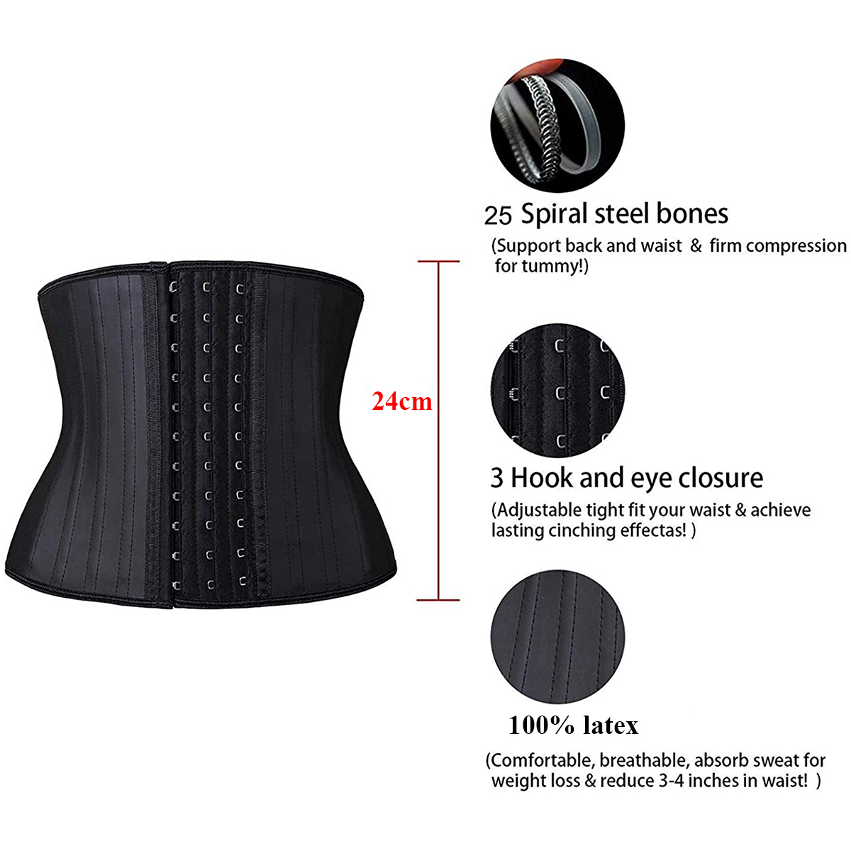 24.5cm 17-25 Steel bones Latex Corset Waist Control Corset and Bustier Underbust Waist Trainer Slimming Shaper Corselet 9047